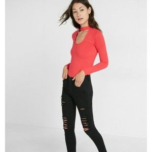 Express Pink Size M Plunging Mock Neck Choker Top